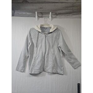 Talbots Womens Full Zip Up Sherpa Hooded Jacket Size 1X Petite‎ Gray Metallic